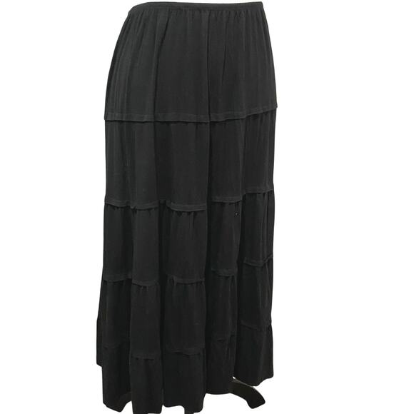 MIXIT Black Tiered Midi Length Skirt Size Large Jersey Stretch Poly Rayon Knit - Picture 1 of 6